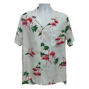 Paradise Found Hawaii Flamingo Print Hawaiian Shirt Size Large Vintage Cruise US